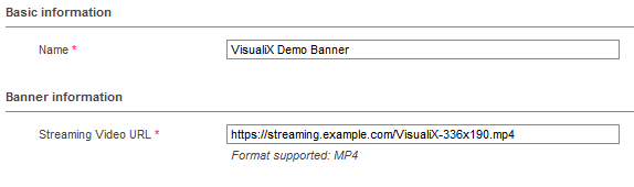 Enter the name of the banner and the URL of the streaming video file
