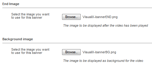 Upload an image to be displayed after the video playback completes, plus and image to be used as background